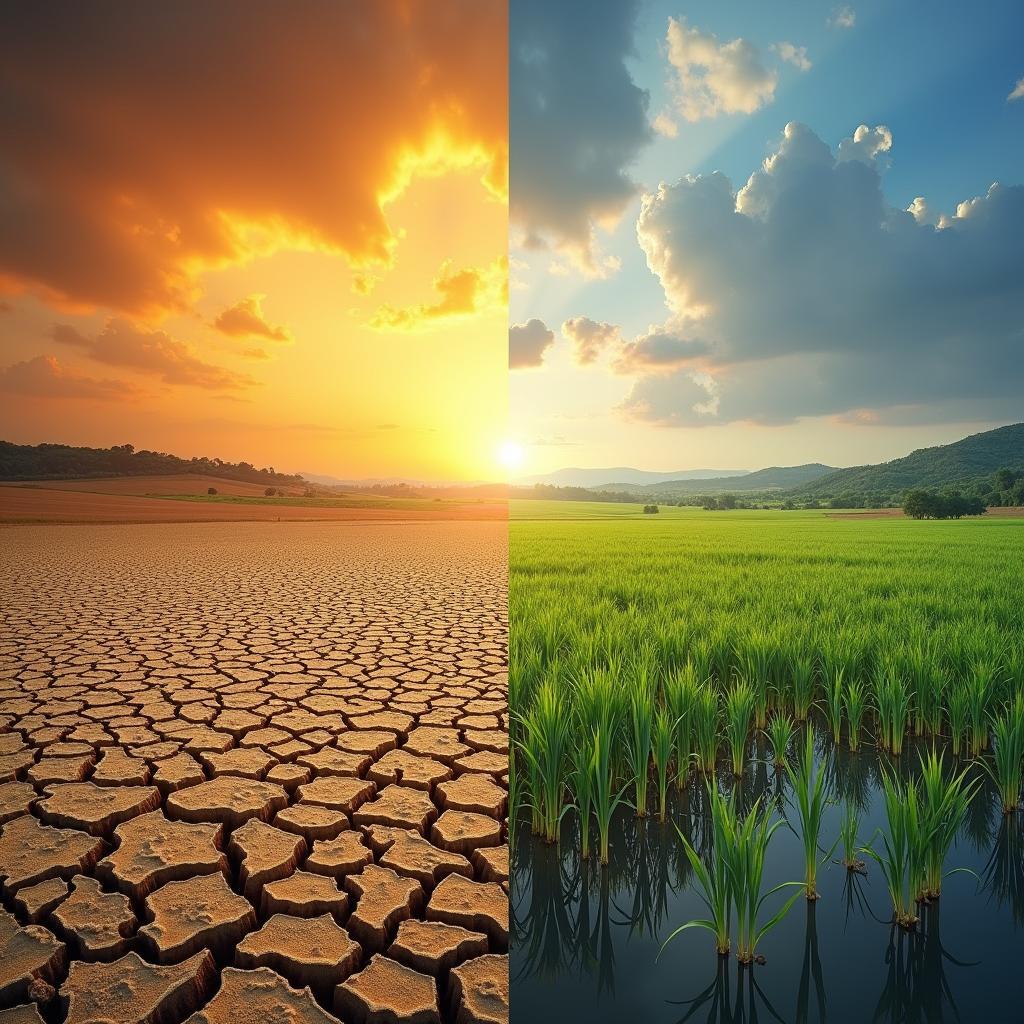 Impact of climate change on agriculture showing drought-stricken cracked earth and flooded farm fields comparison.
