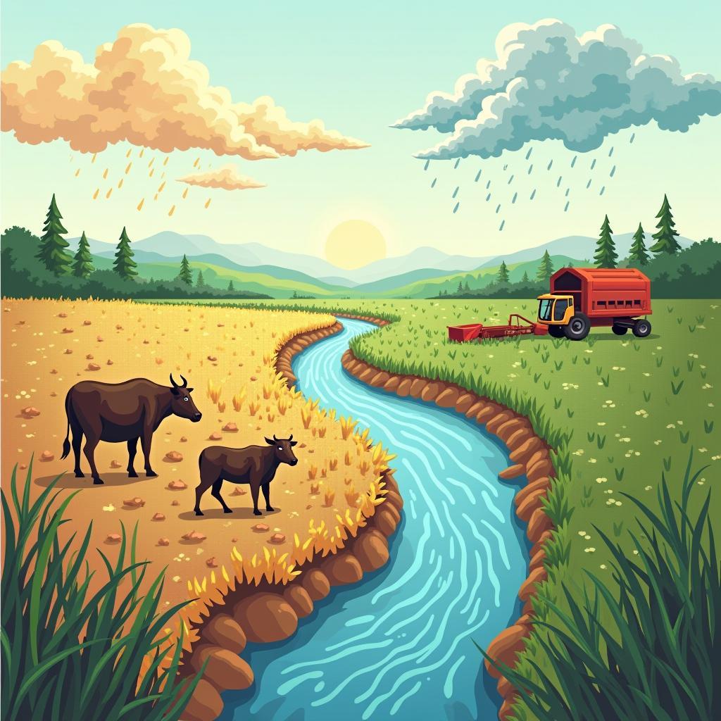 Devastating climate change impact on global agriculture showing drought-stricken fields and flooded croplands.