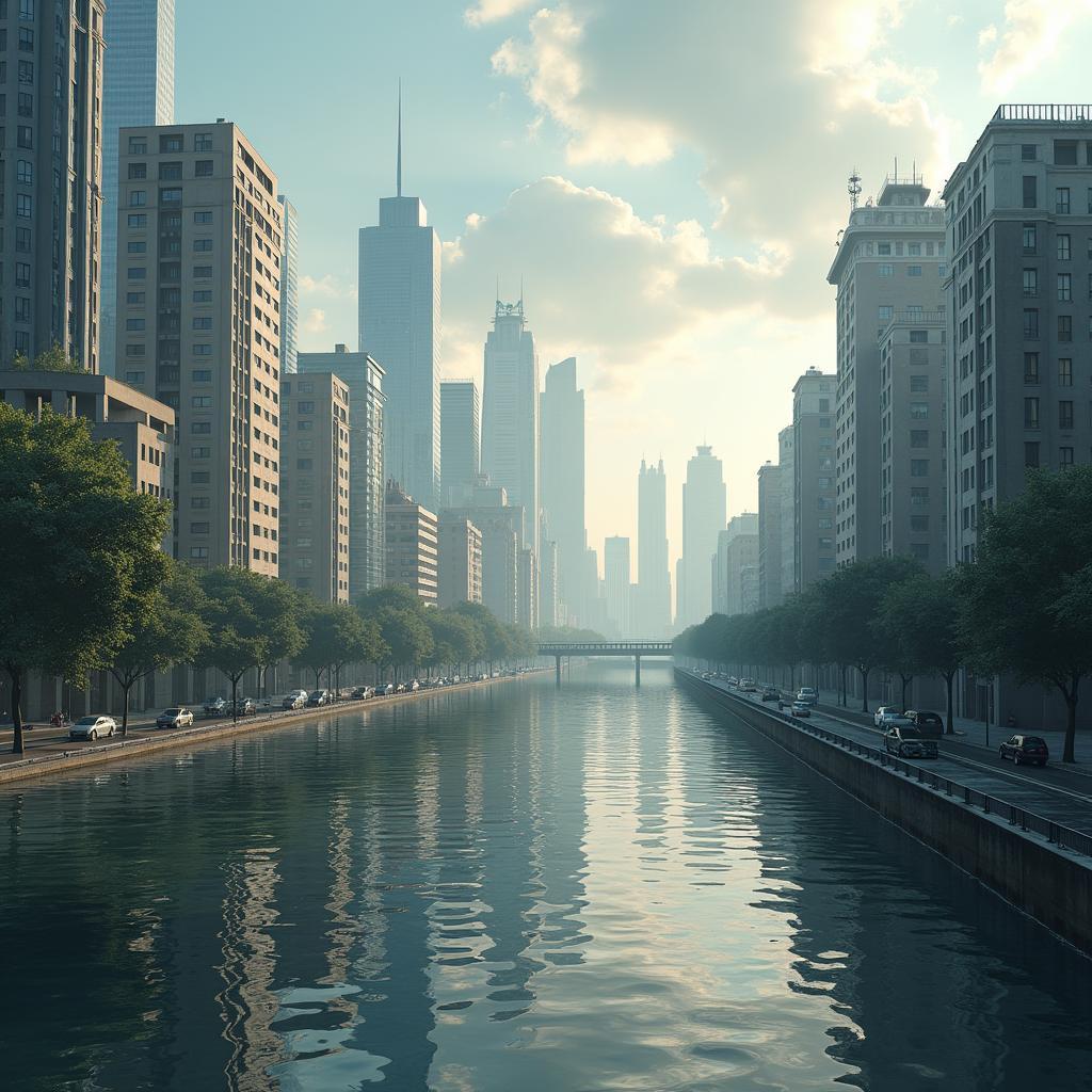 Climate change effects on modern urban landscape showing flooded streets and heat waves