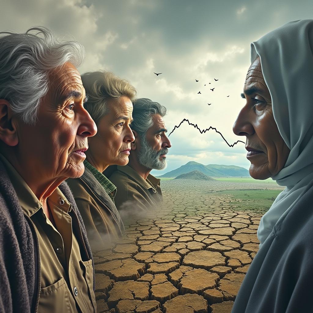 Global impact of climate change on mental health showing diverse people affected by environmental stressors.