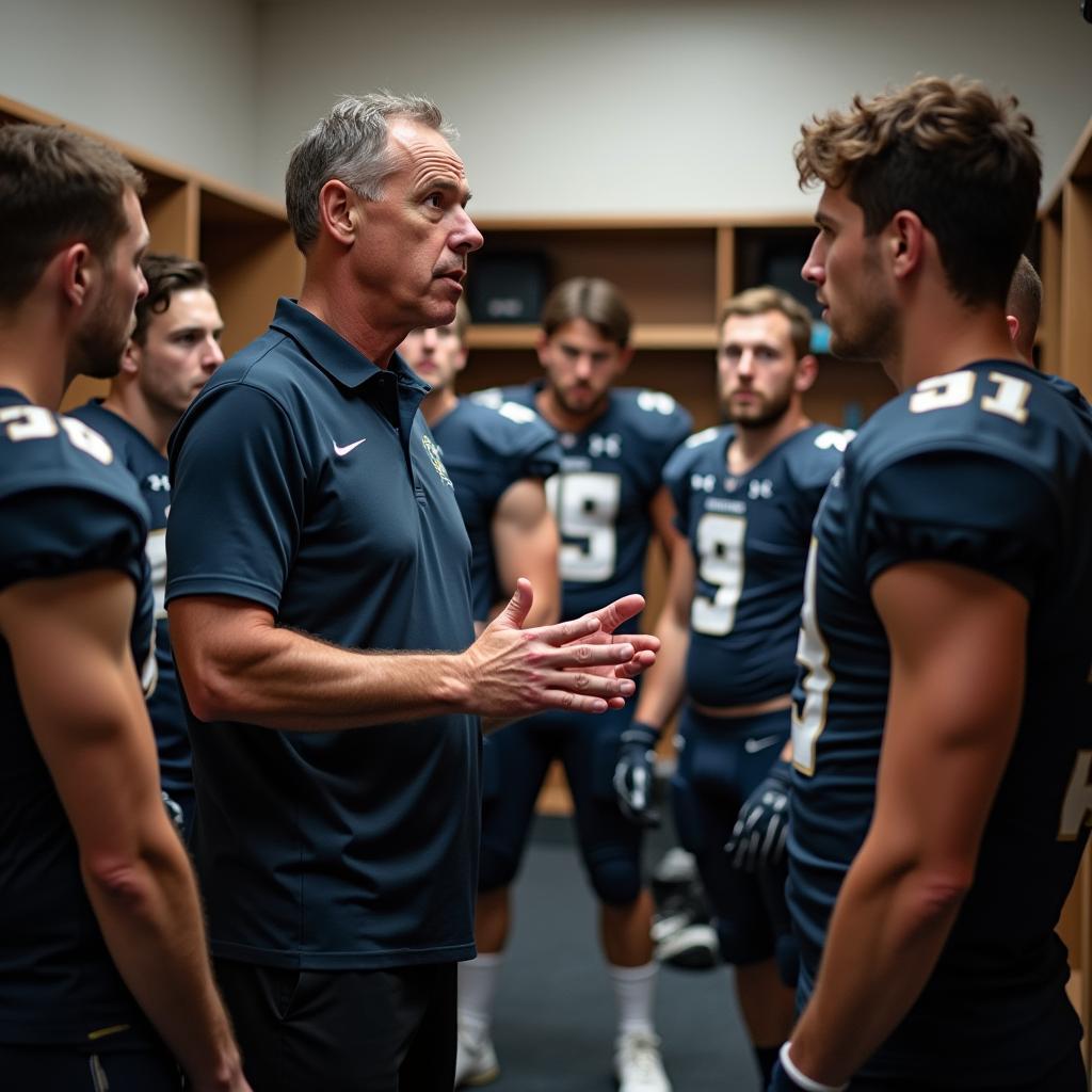 Coach leading a post-game debrief session with sports team in locker room for performance analysis.