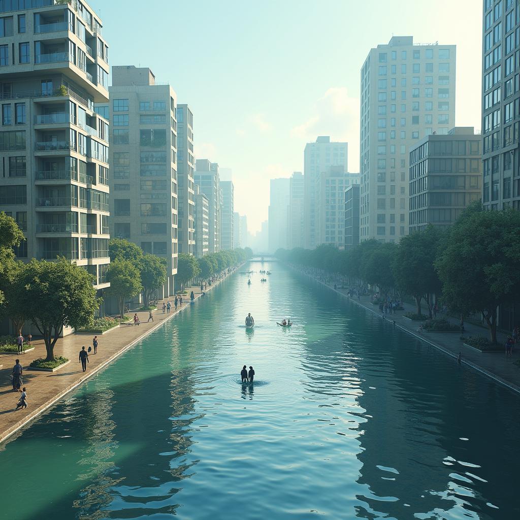 Dramatic impact of climate change with rising sea levels causing extensive flooding in a coastal city