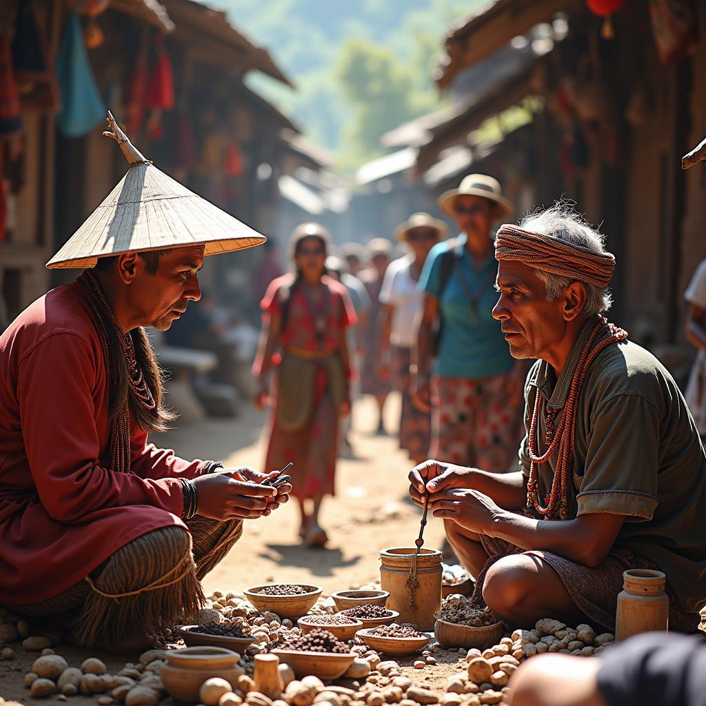 Local community members selling traditional crafts to tourists