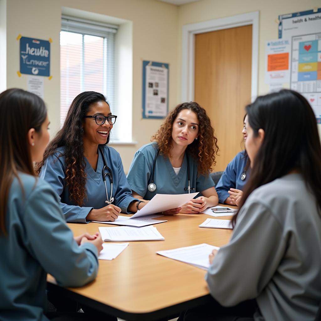 Community health workers discussing healthcare strategies in a local setting