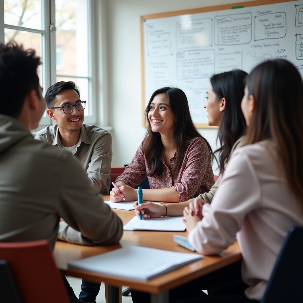 Students discussing community healthcare benefits in IELTS preparation class