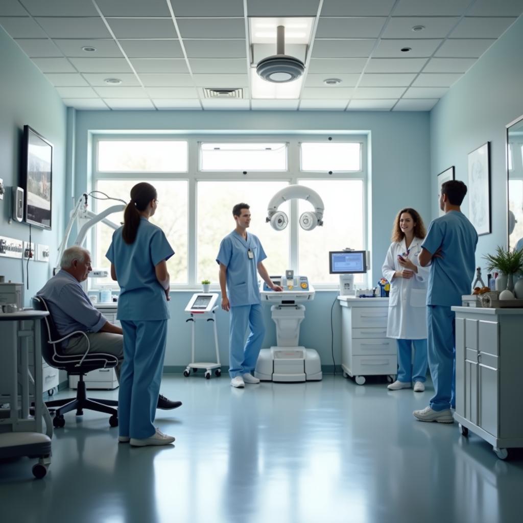 Modern community healthcare facility with medical professionals and patients