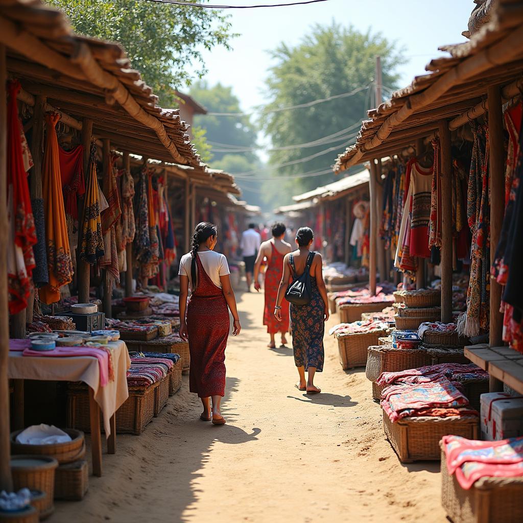 Local community members selling traditional crafts to tourists in asian market