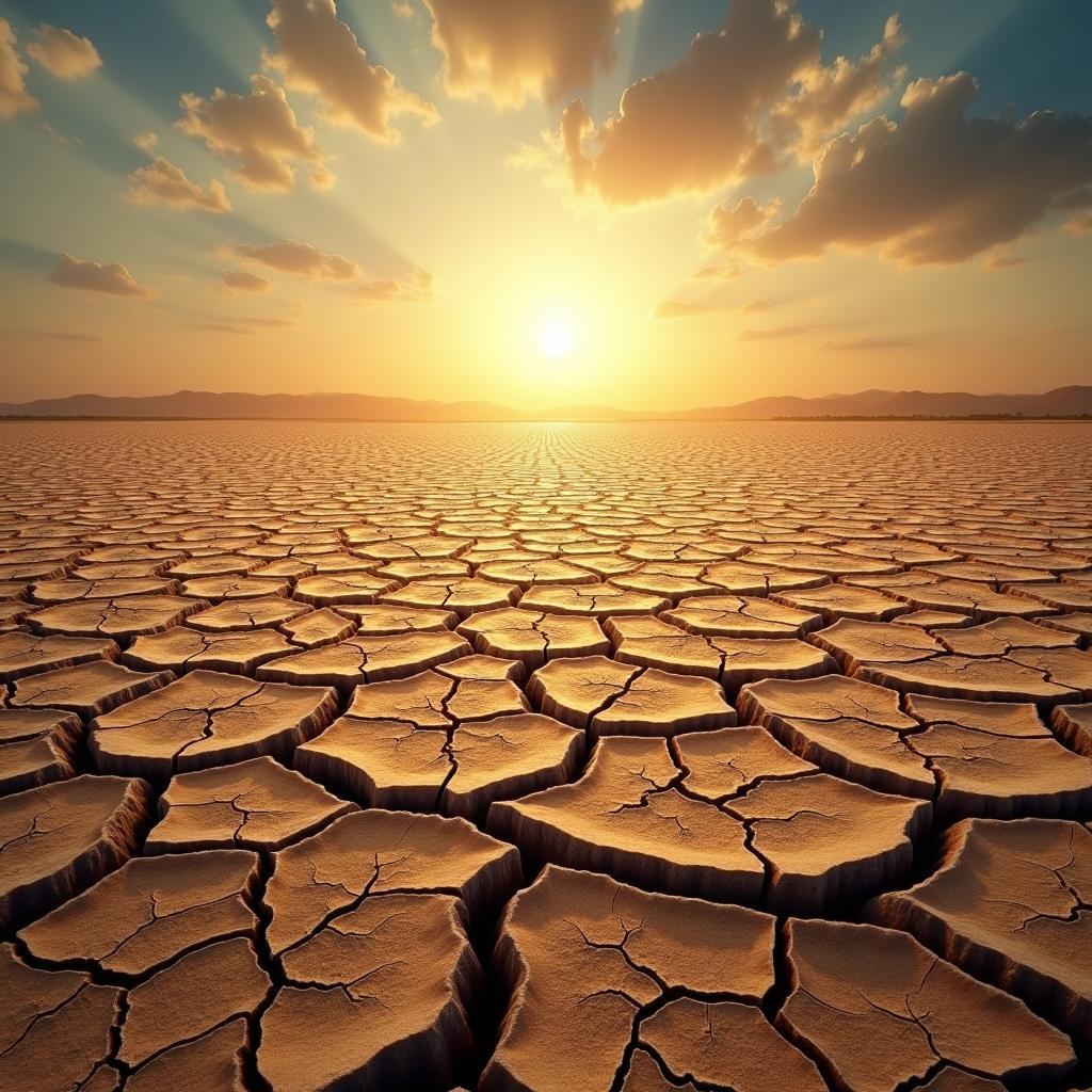 Conceptual image of global water scarcity showing vast arid land with cracked earth under a hot sun.