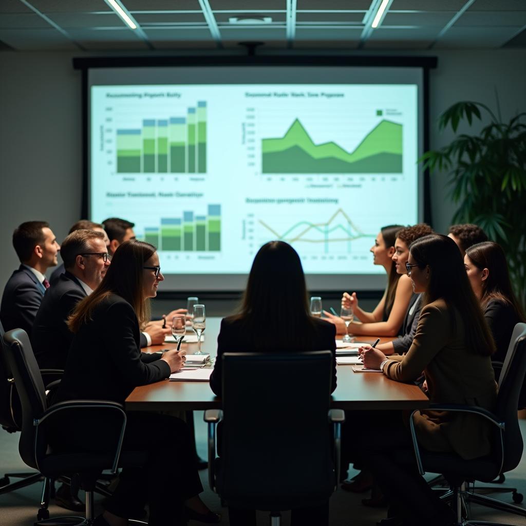 Corporate leaders discussing environmental policies in modern boardroom