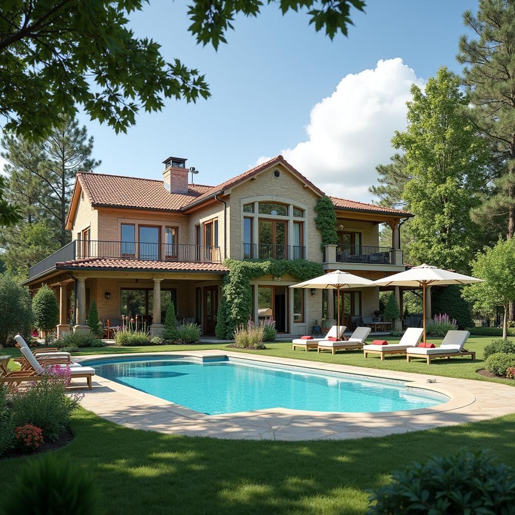 Luxurious countryside villa with swimming pool, beautiful garden, and large windows allowing natural light.