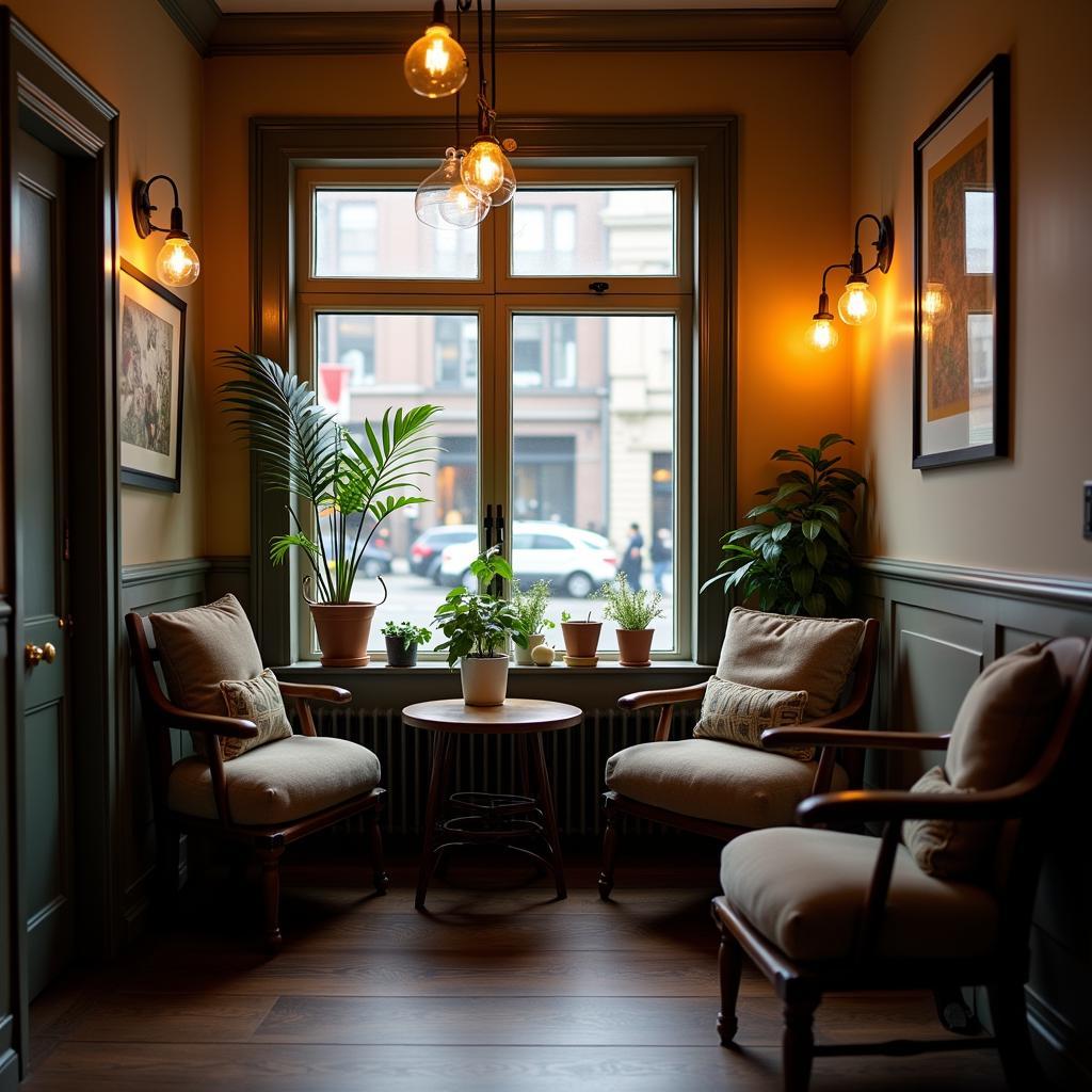 Cozy interior of Serenity Brew cafe with warm lighting and fresh coffee aroma for relaxation