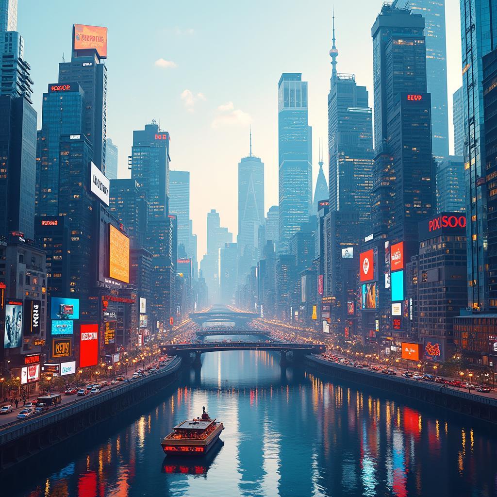 Vibrant cityscape of creative industries: tech, media, arts fostering innovation and investment in urban clusters.