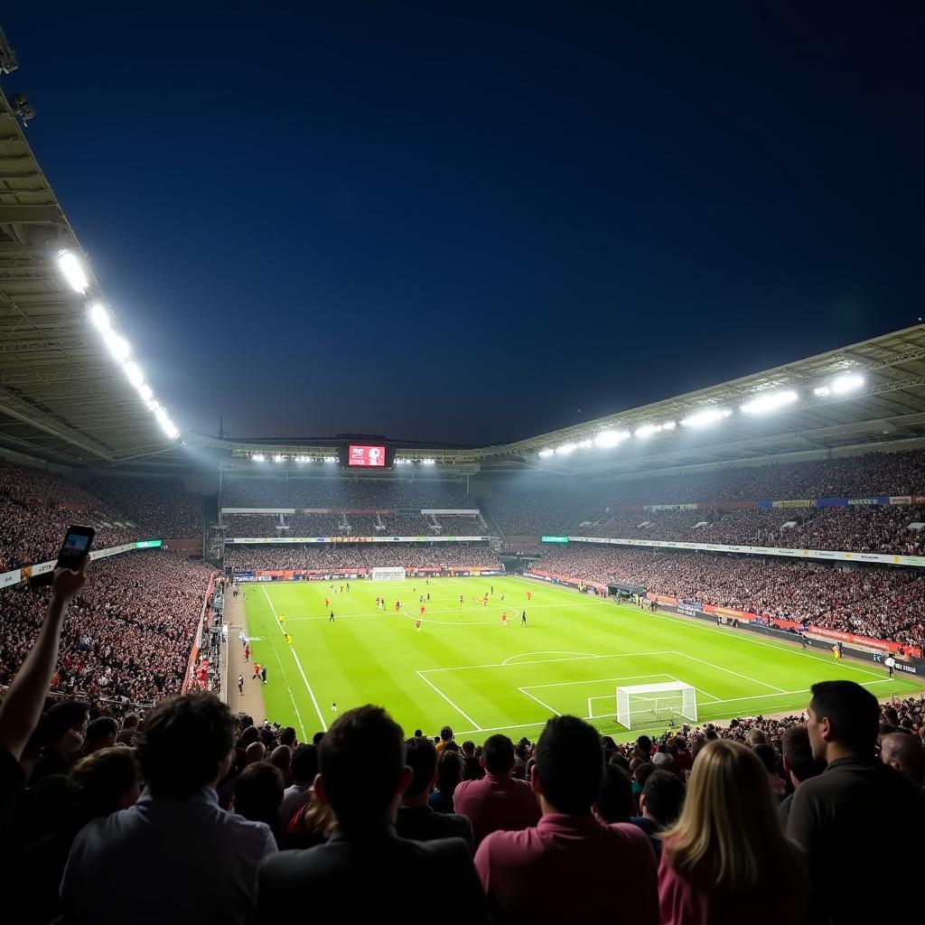 Packed stadium during a night sporting event with bright lights and a cheering crowd.