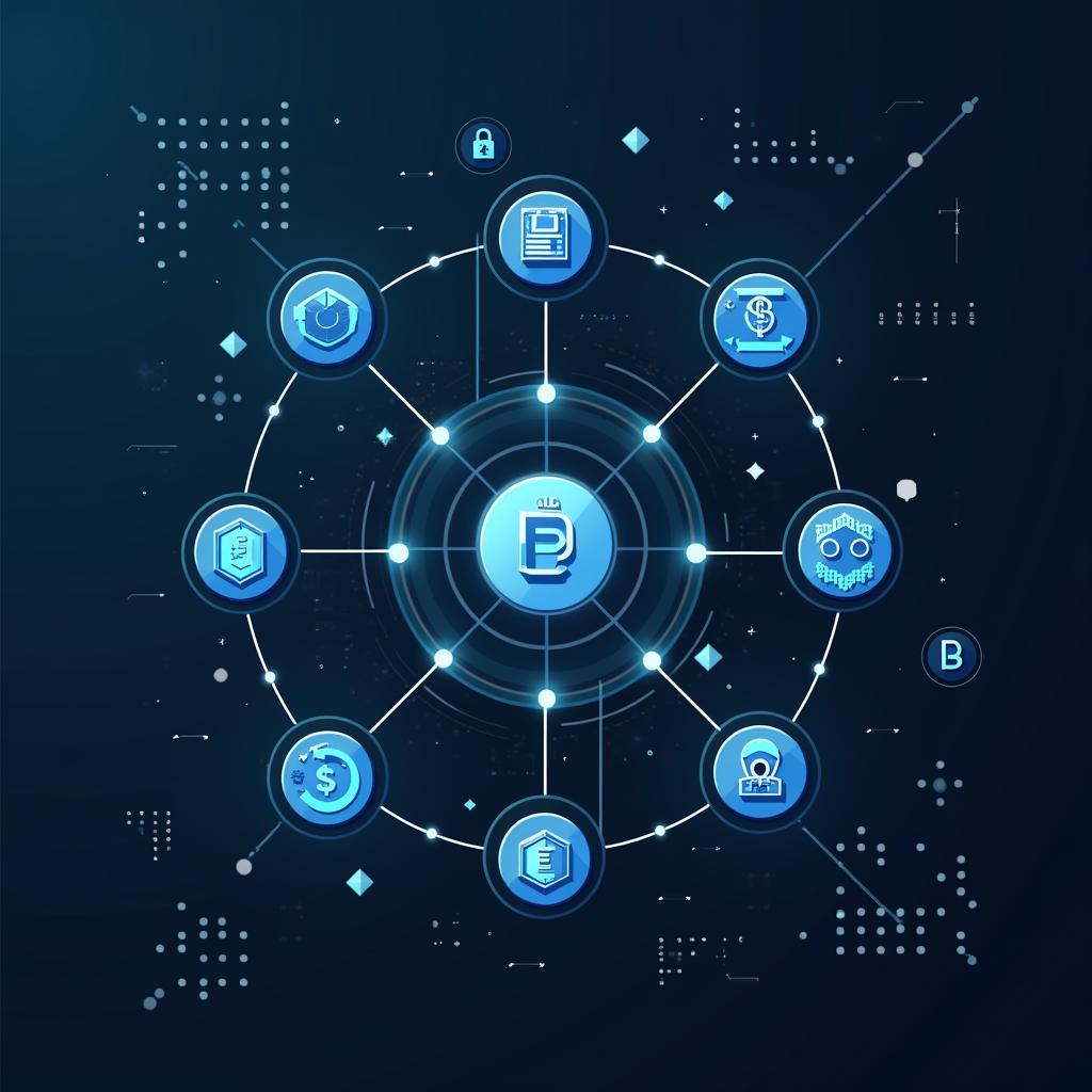Cryptocurrency and blockchain technology illustration showcasing decentralized network, digital coin transactions, and security aspects.