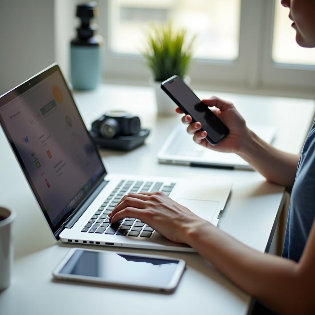 Person efficiently using smartphone and laptop for daily tasks, illustrating modern technology integration.