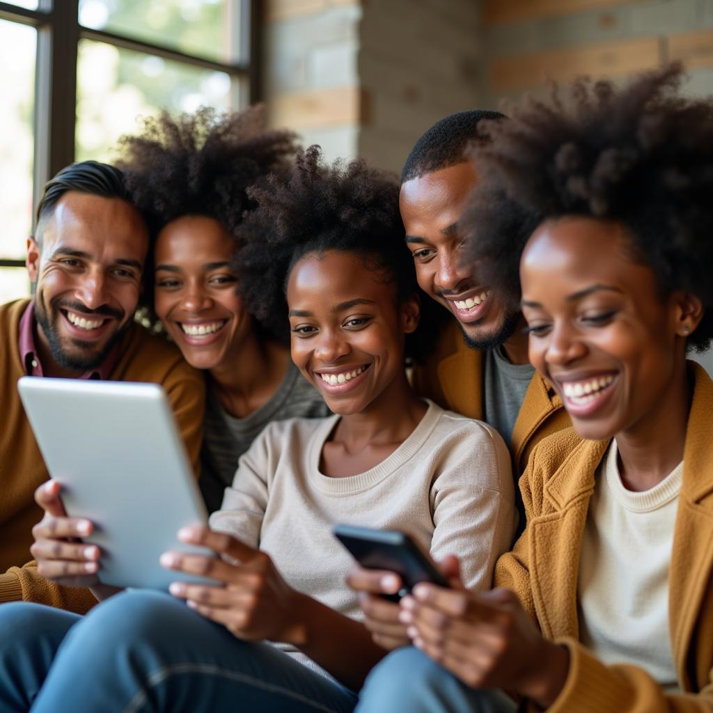 Diverse group using digital communication tools for video call connecting people across distances and fostering relationships
