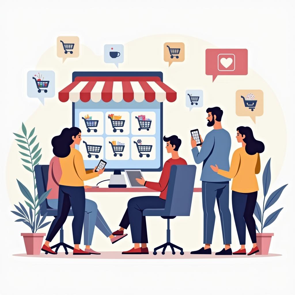 E-commerce growth depicted by people online shopping on various devices showcasing digital transformation and convenience.