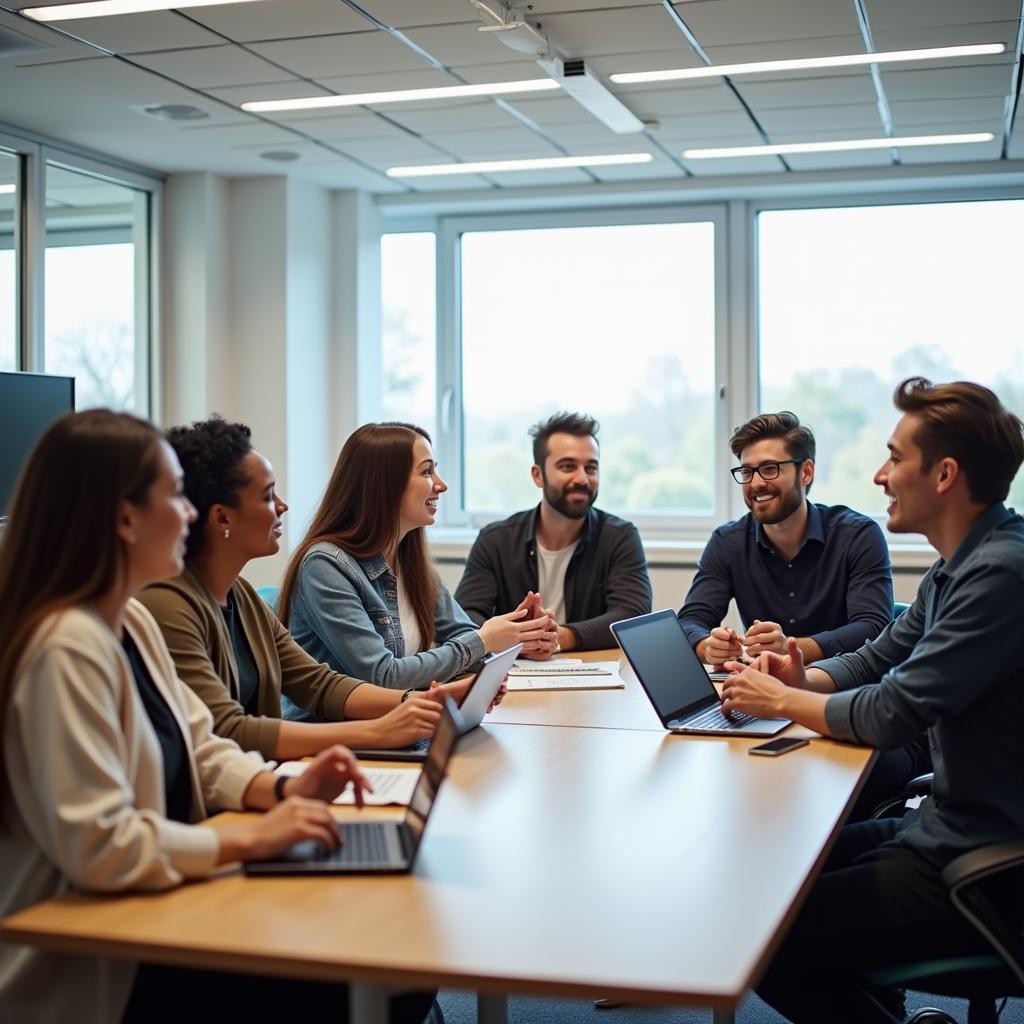 Students and teacher discussing digital ethics in modern classroom setting