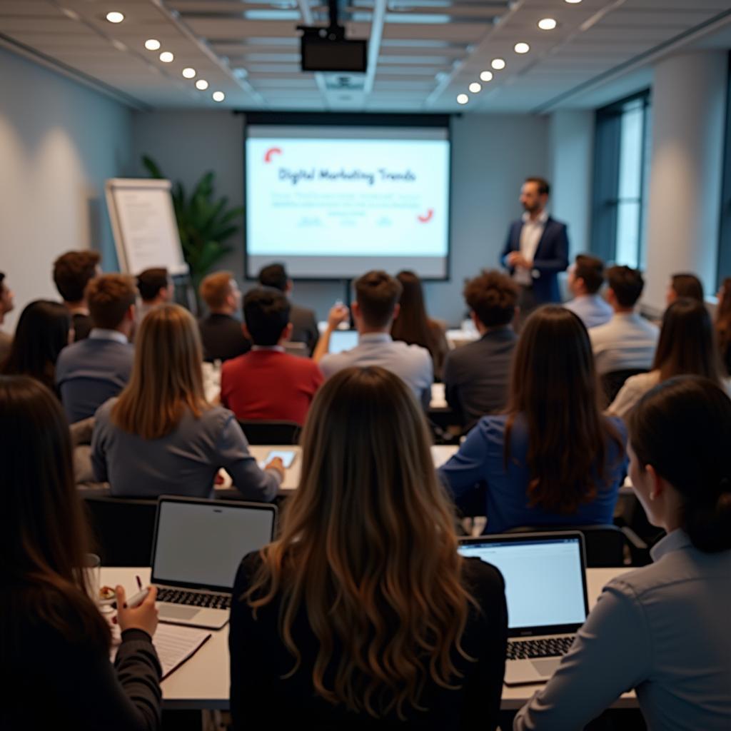 Attendees engage in a digital marketing seminar, learning about online strategies and networking.
