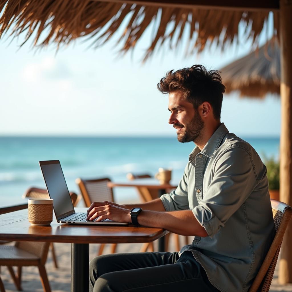 Digital nomad working on laptop at tropical beach location