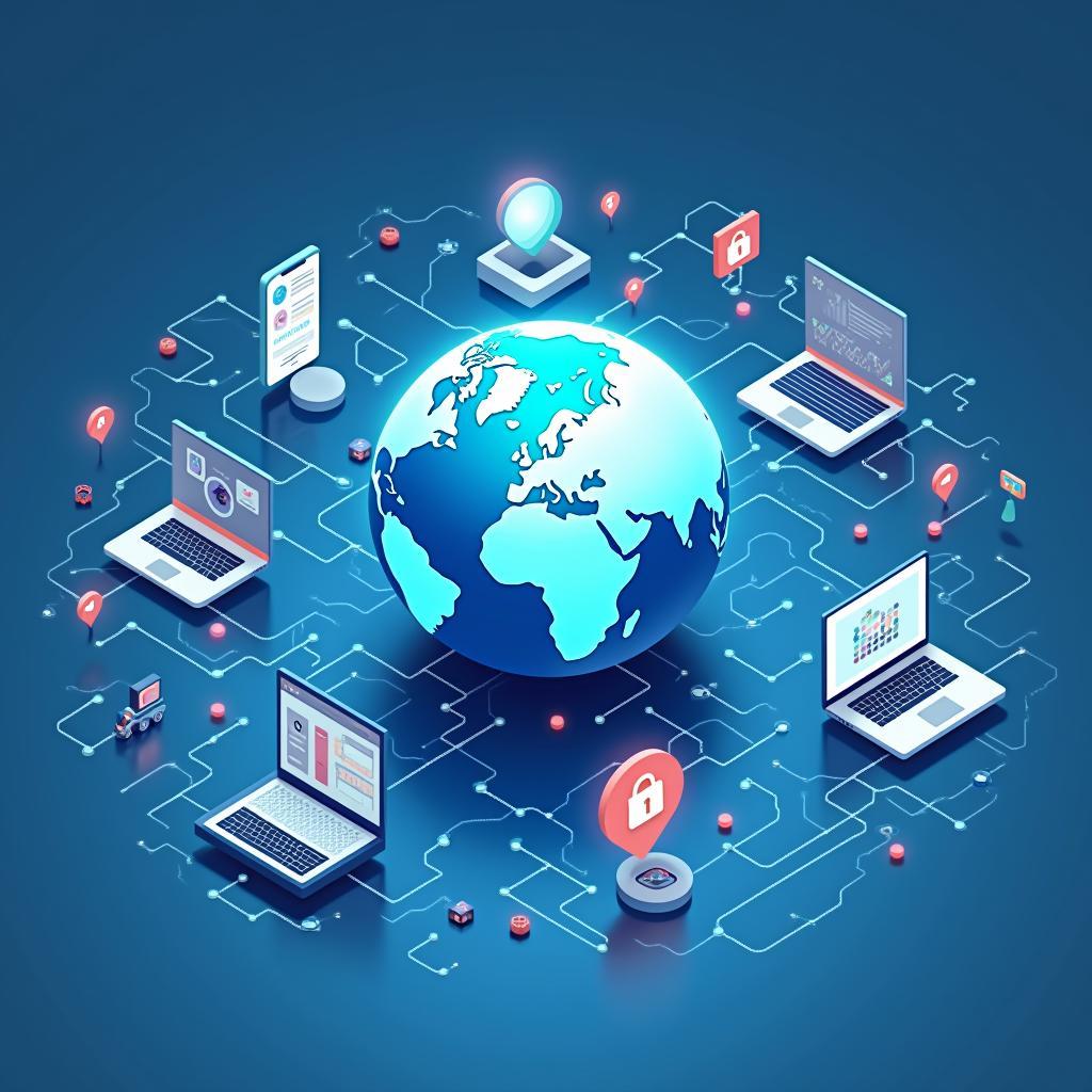 Digital trade agreements in digital age: global connectivity, secure data flow, e-commerce evolution concept.