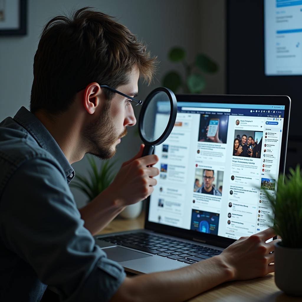 Person carefully analyzing online information on a laptop to distinguish between facts and misleading content in the digital age.
