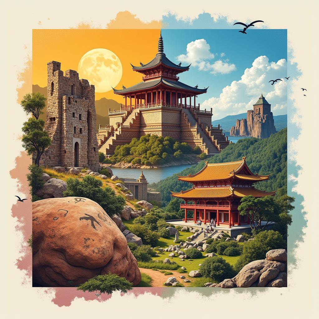 Collage of various cultural heritage sites like monuments, buildings, and landscapes representing global history.