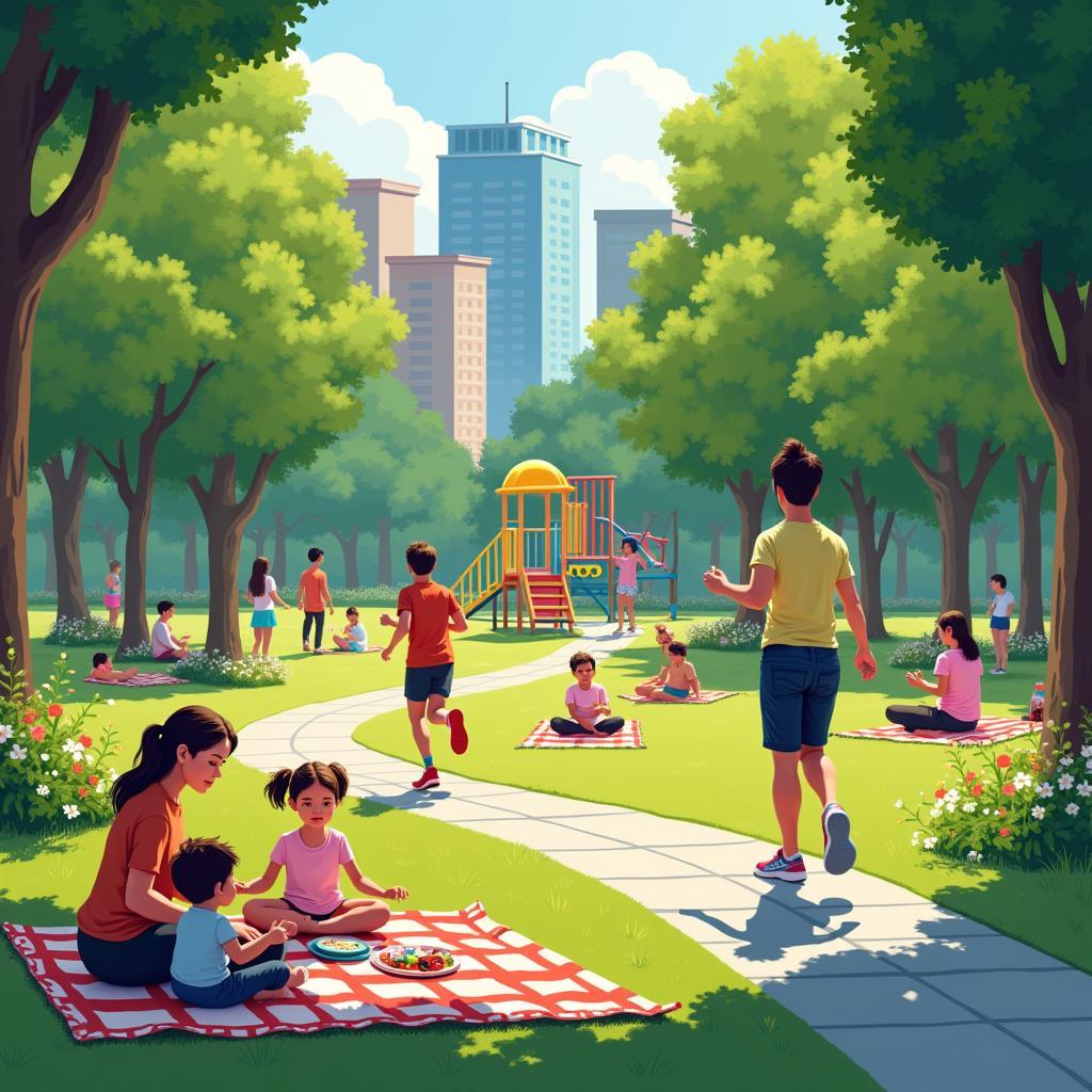 Diverse activities in a vibrant park, people jogging, picnicking, children playing, showcasing community and nature enjoyment.
