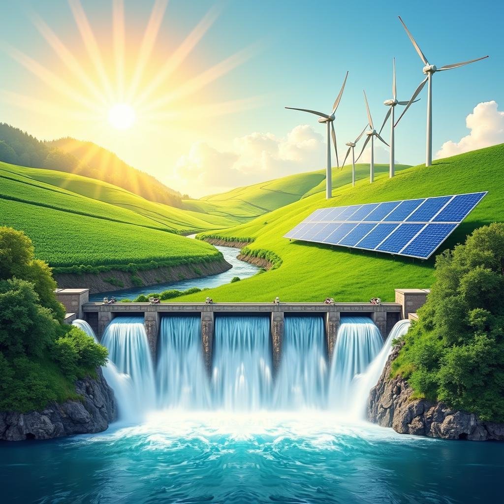 Array of renewable energy sources: solar panels, wind turbines, and hydroelectric power for sustainable energy solutions.