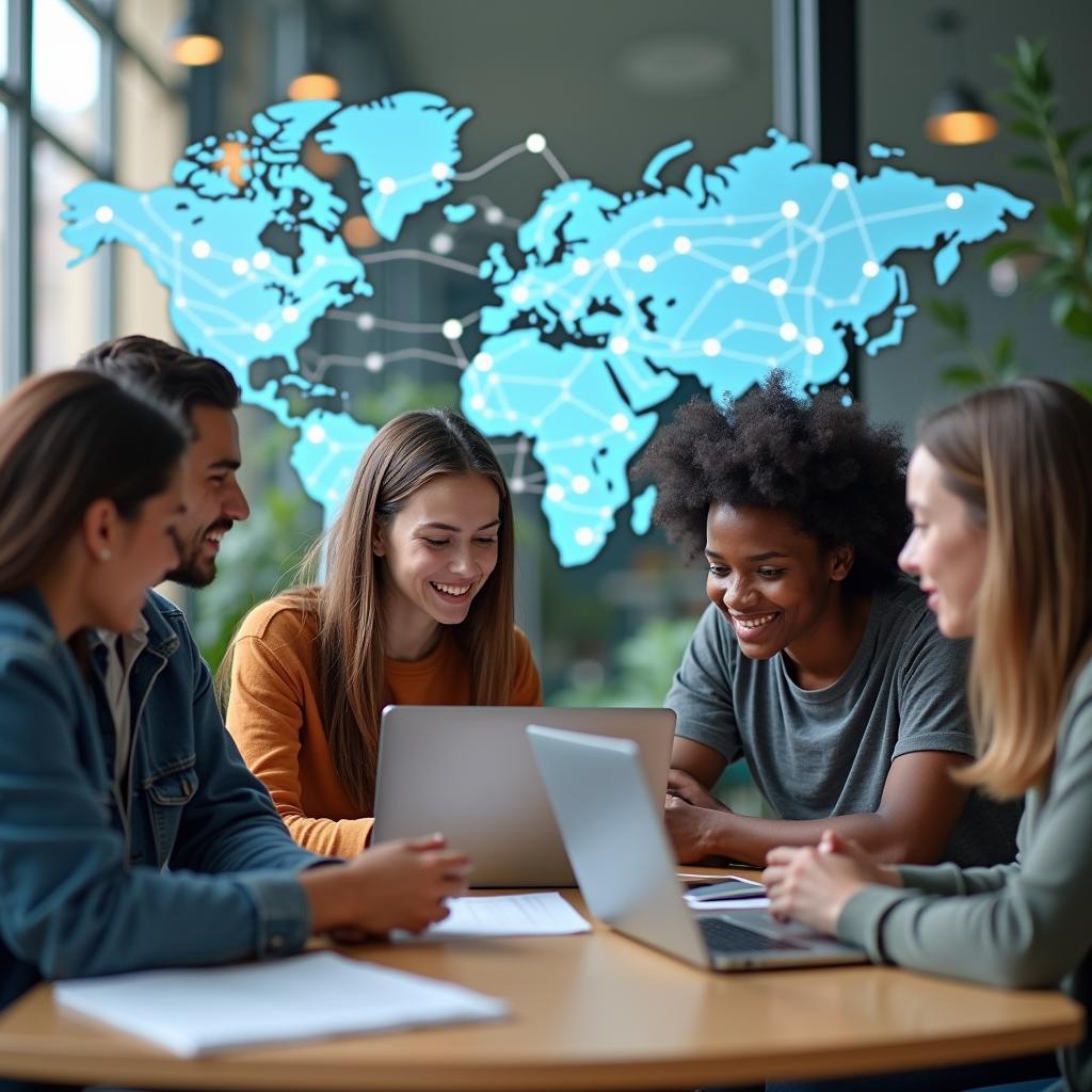 Diverse international students collaborating on global campus, showcasing multicultural educational experiences and interconnectedness.