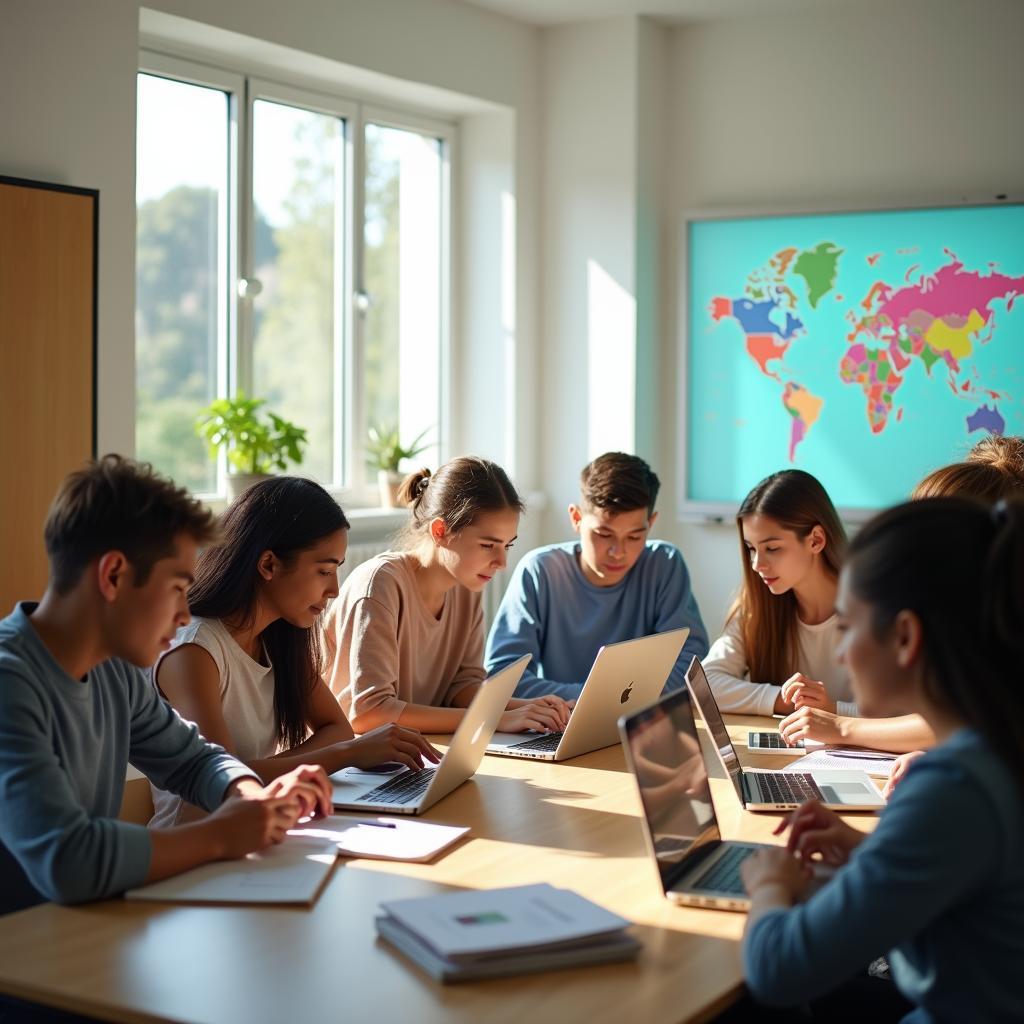 Diverse students in global classroom showing positive impact of internationalized education via globalization.