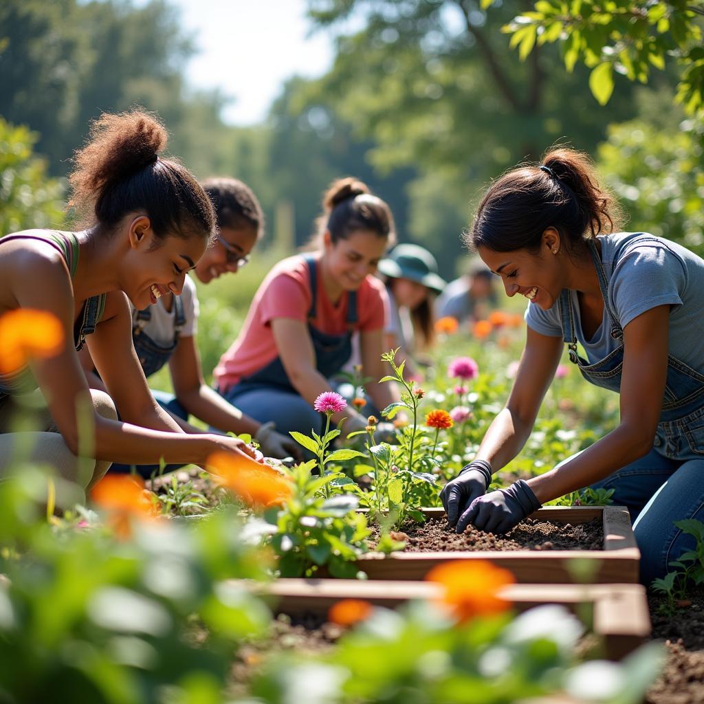Joyful diverse volunteers collaborating on planting in a lush community garden project under the bright sun.