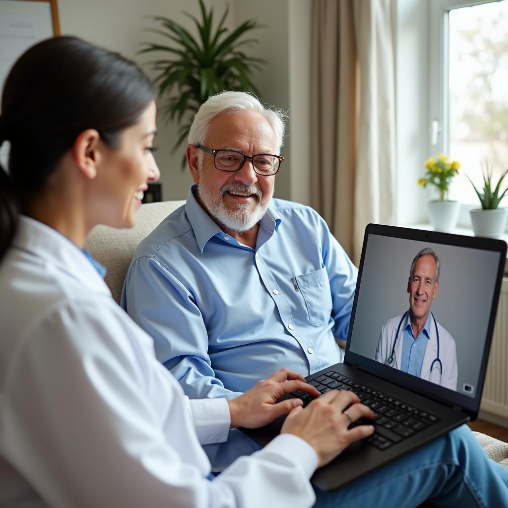 Doctor and patient engaged in a productive telemedicine video call consultation using a laptop