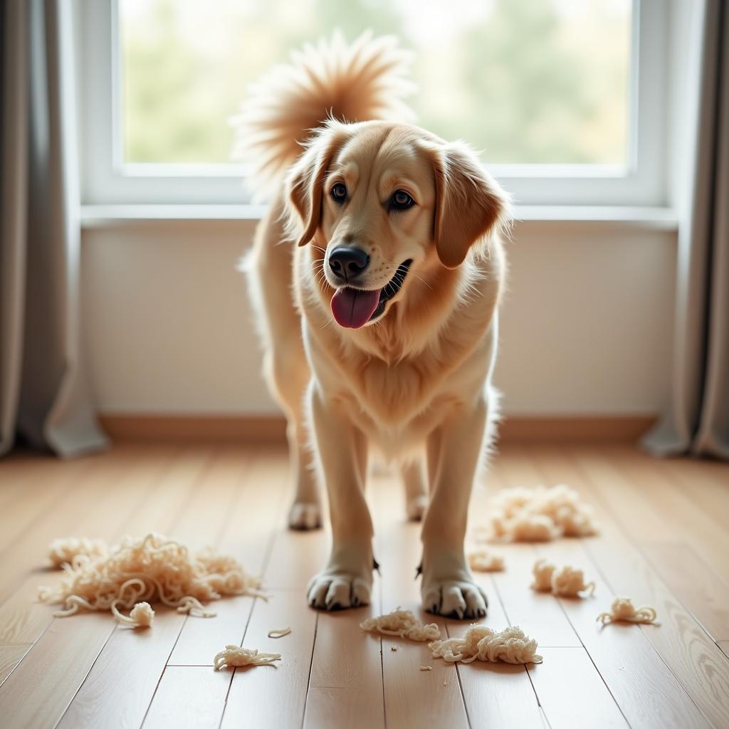 Golden retriever dog shedding fur heavily during spring season with clumps of hair on wooden floor