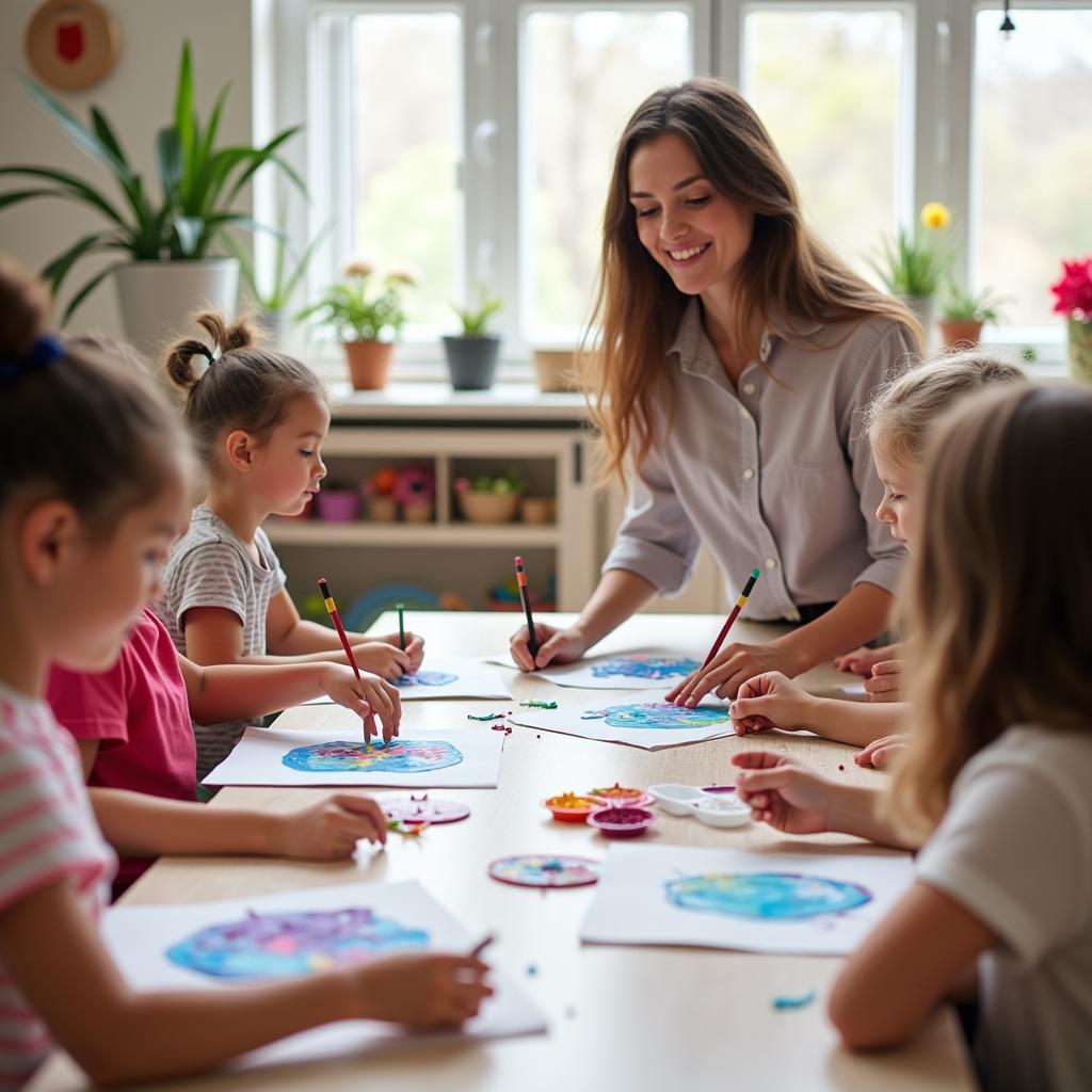 Young students engaging in art activities in classroom