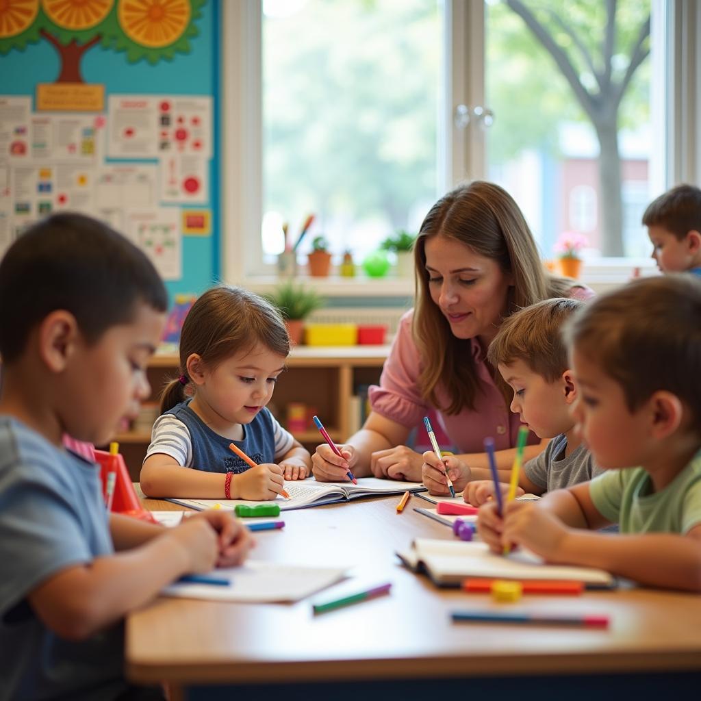 Early childhood education classroom with children engaged in learning activities