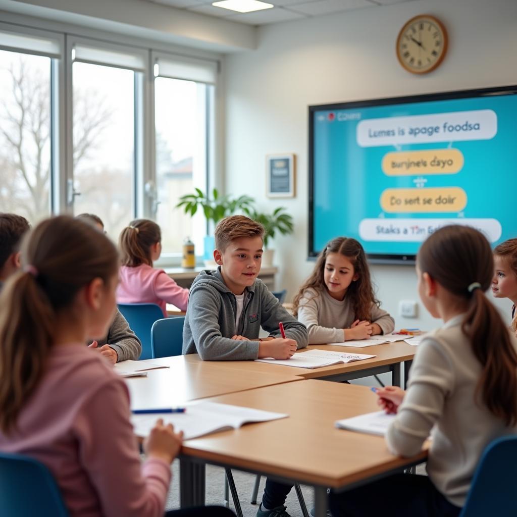 Young students learning foreign language in modern classroom
