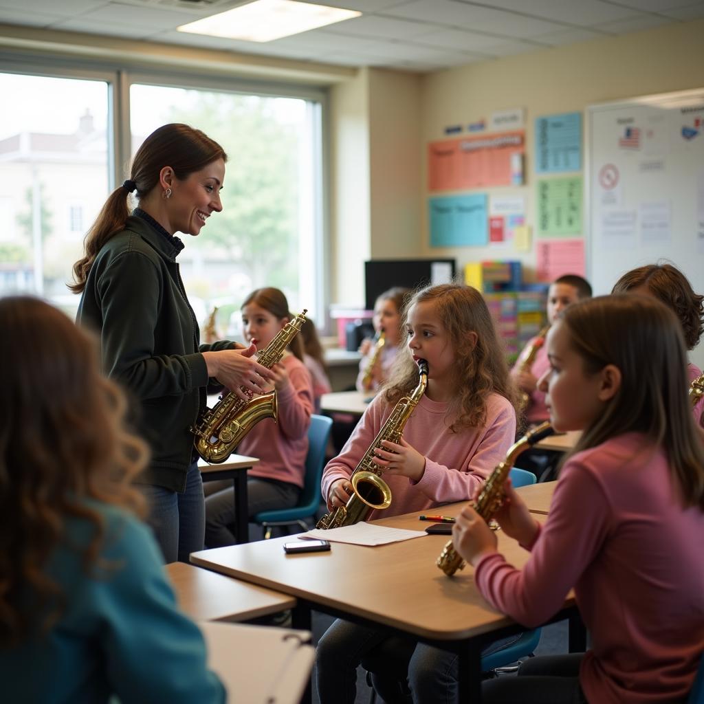 Students learning music in elementary classroom