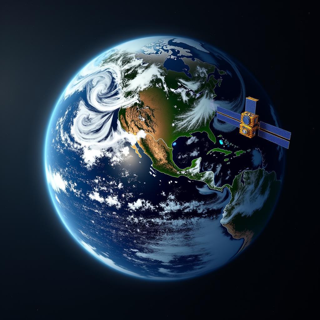 Earth observation satellite monitoring environmental changes like deforestation and ocean pollution for climate research.