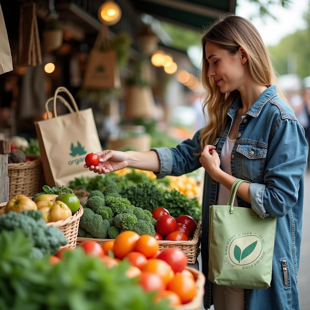 Consumers choosing eco-friendly products supporting sustainable production methods and green consumerism for environmental benefits.