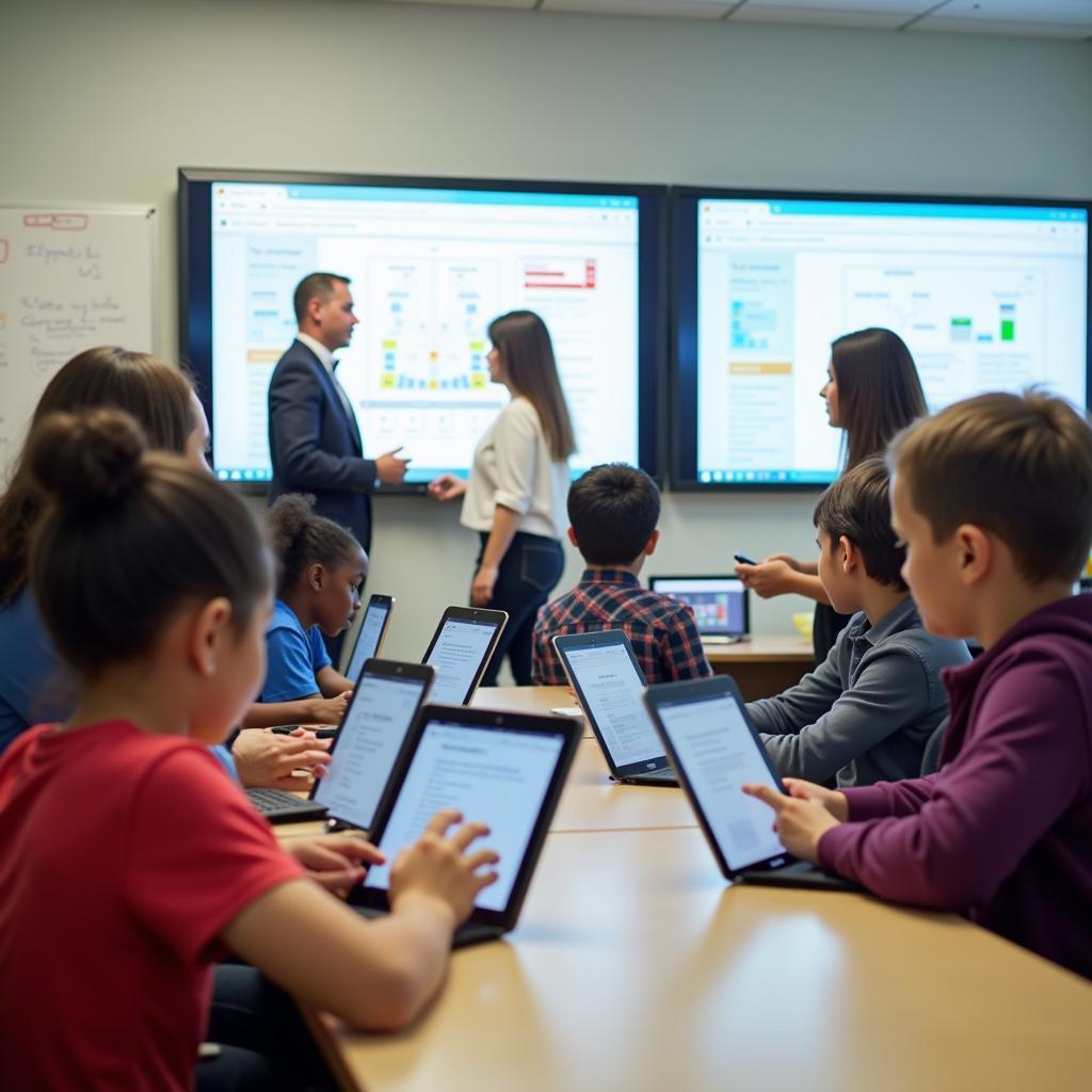 Modern classroom with students using technology funded by public education system