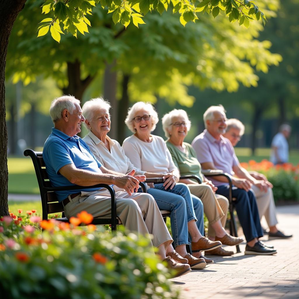 Joyful seniors socializing in sunny park, demonstrating age-friendly community design fostering well-being and mental health.