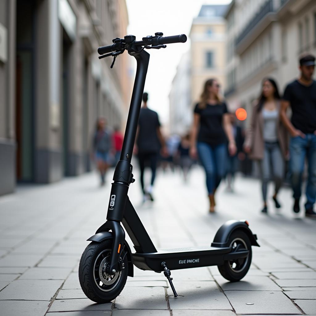 Electric scooter parked on bustling city street with pedestrians, illustrating urban micro-mobility last-mile solutions.