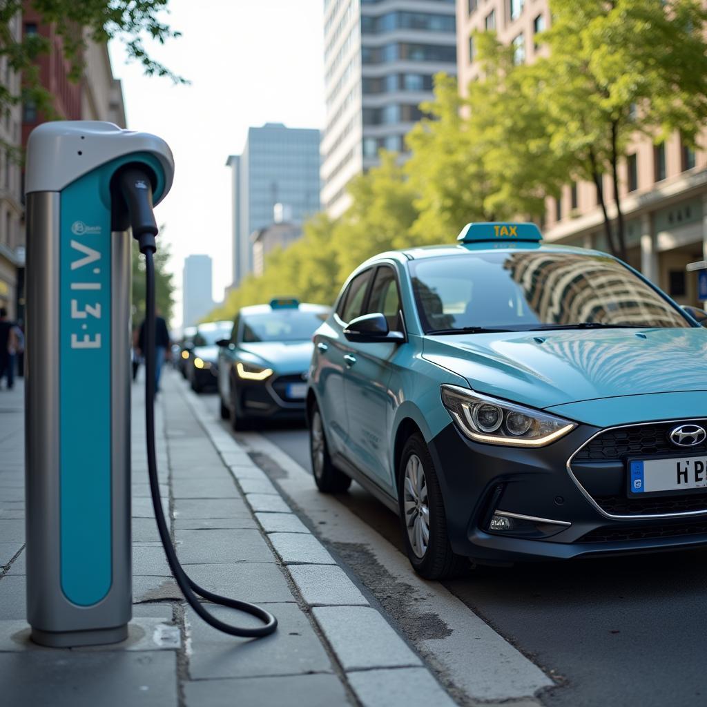 Electric taxis at charging station promoting cleaner urban transport and sustainable city mobility.