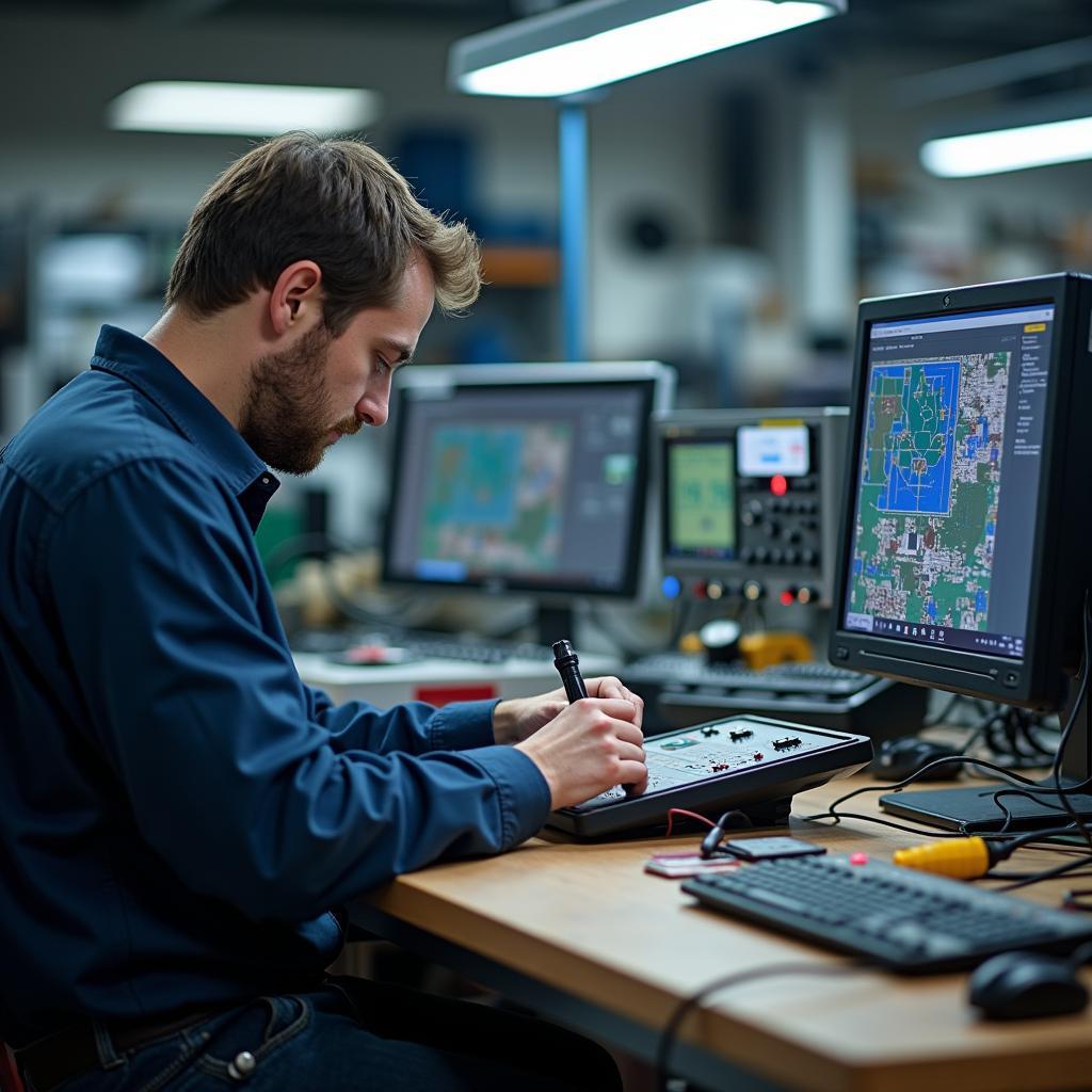 Professional repairing electronic devices in modern repair center