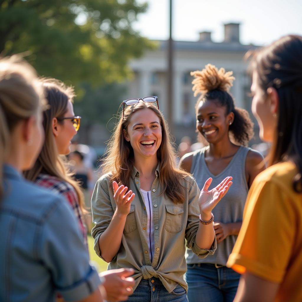 Enthusiastic friend Alice joyfully leading, motivating a group at a community event with infectious positivity.