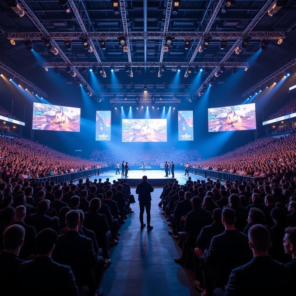 Professional esports tournament with large audience and players competing on stage