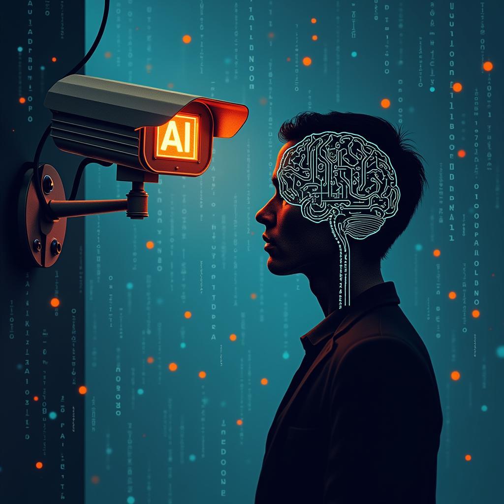Ethical concerns of AI in surveillance systems, depicting privacy invasion, algorithmic bias, and lack of accountability.