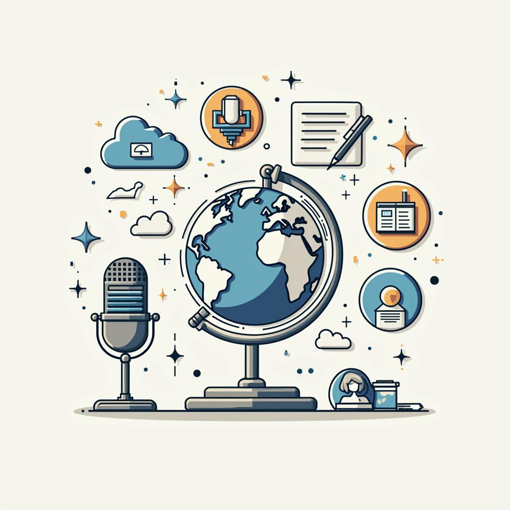 Ethical journalism concept: microphone, pen, globe representing media truth, accuracy, fairness.