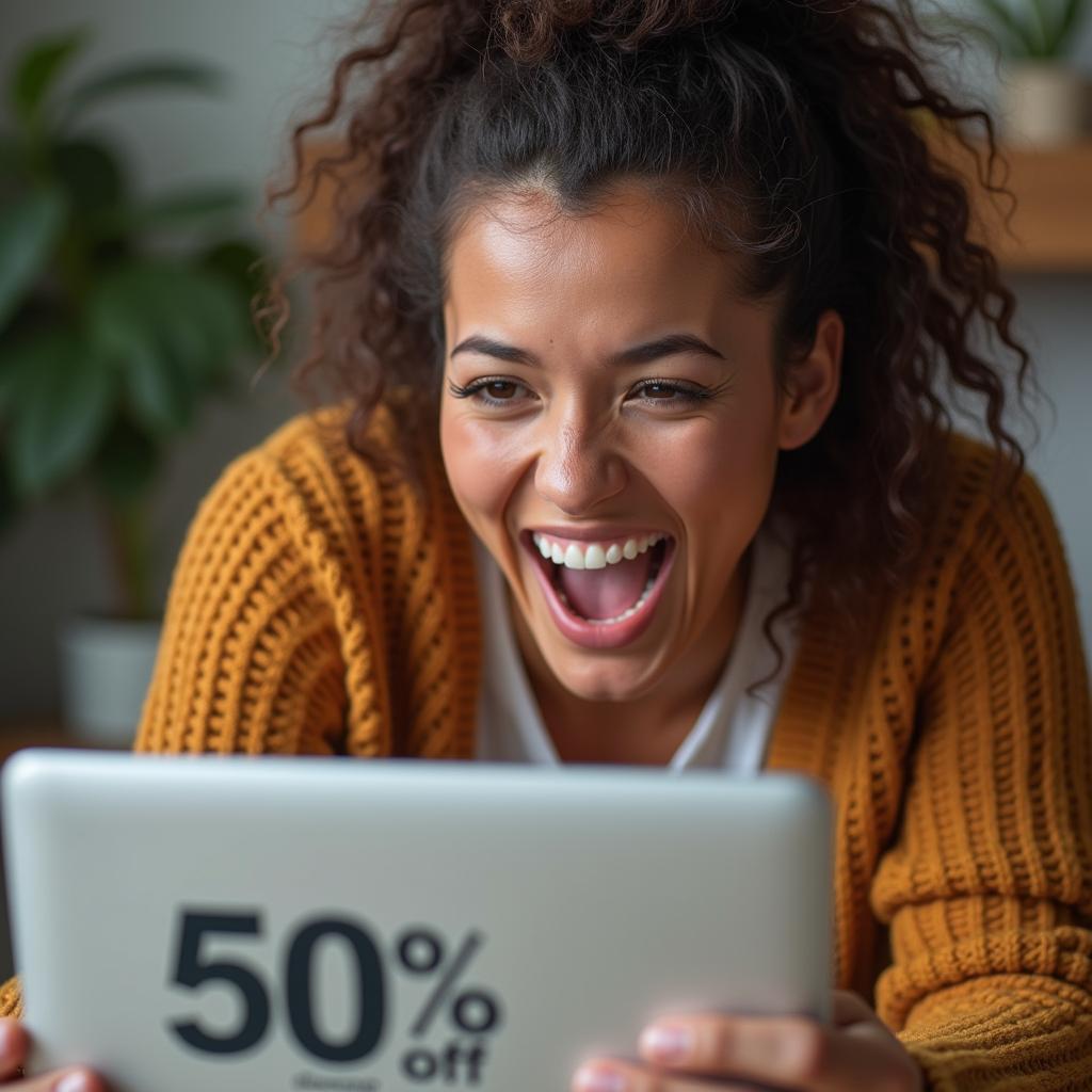 Thrilled shopper discovers an amazing bargain online, illustrating the joy of finding low prices for IELTS speaking.